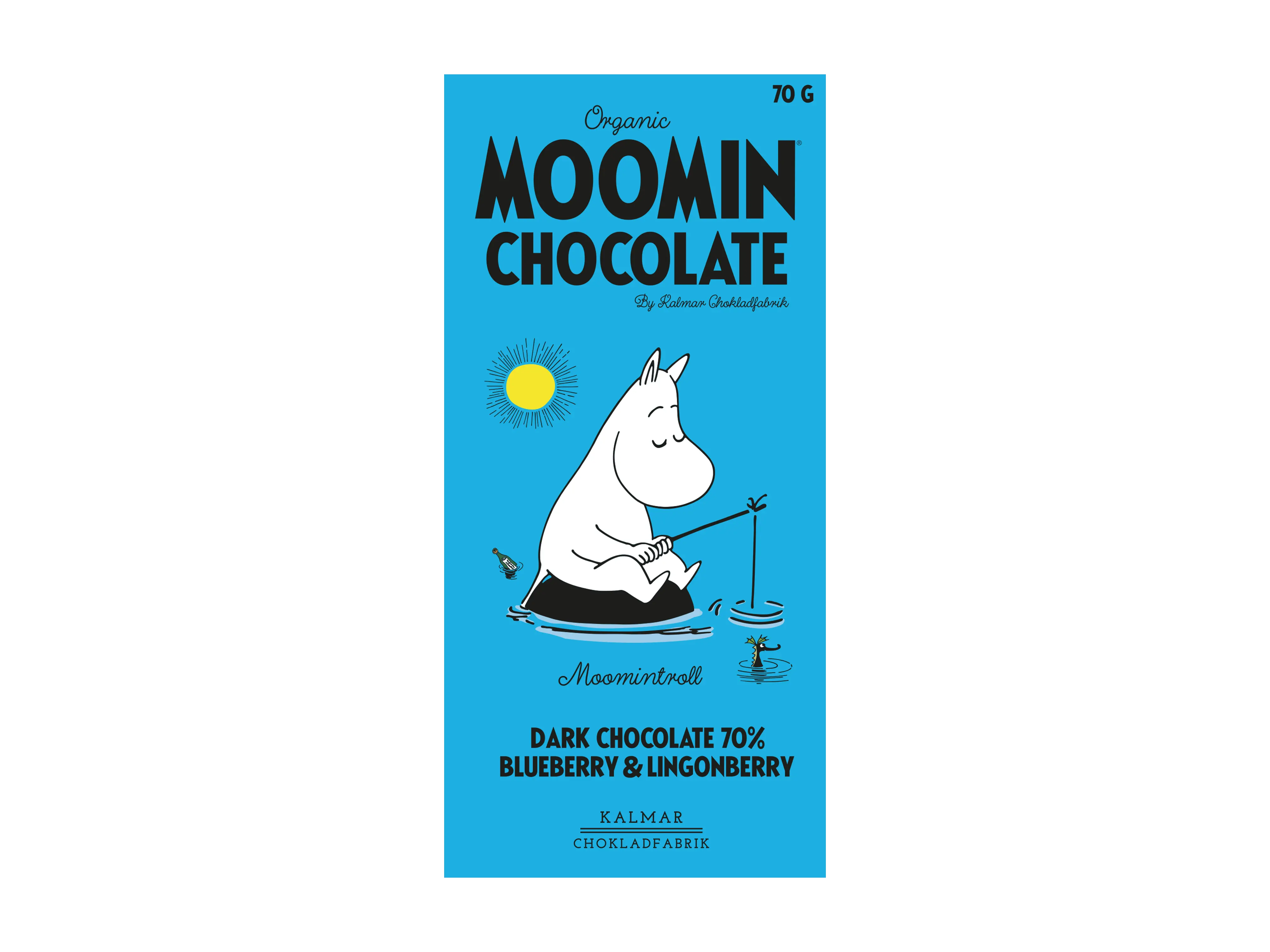 ムーミンの登場人物と飾られた青いチョコ包み紙です。